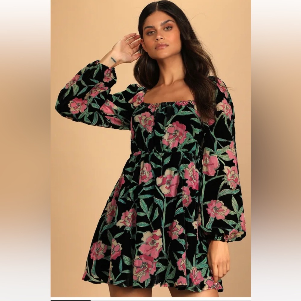 Lulus Black Floral Print Burnout Velvet Babydoll Dress Large